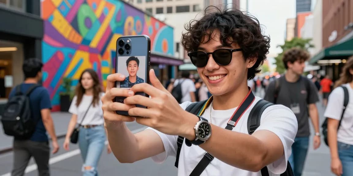 Person taking a selfie to find out who they look like celebrities using an app in an urban setting.