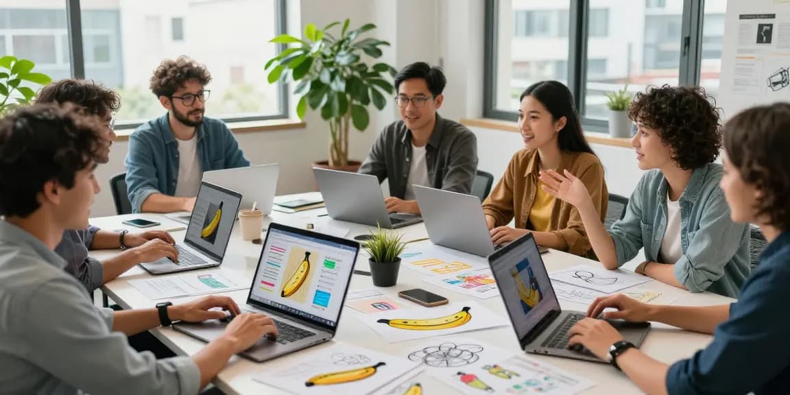 Team collaborating on creative projects with nano banana 2 displayed on screens in a vibrant workspace.
