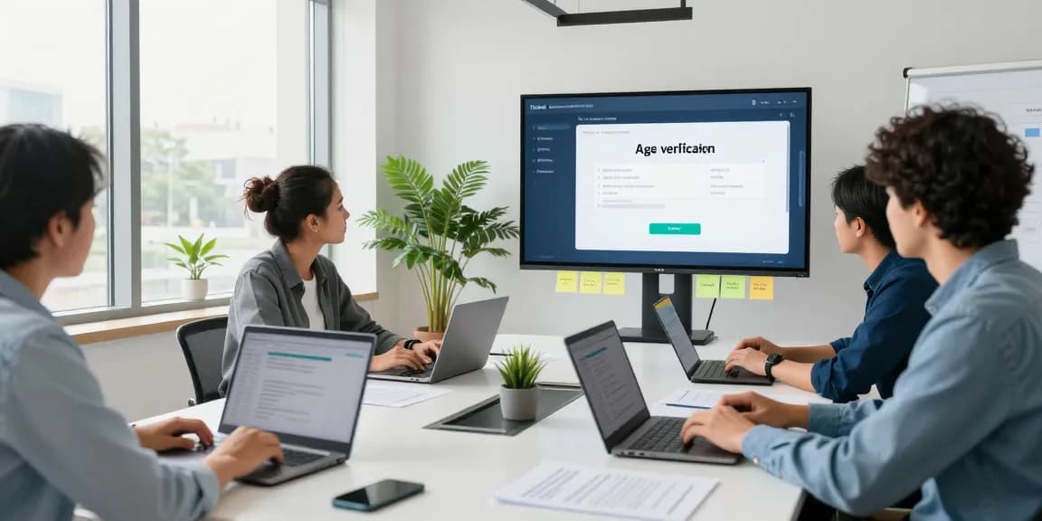 Team collaborating on an age verification system in a modern office setting.