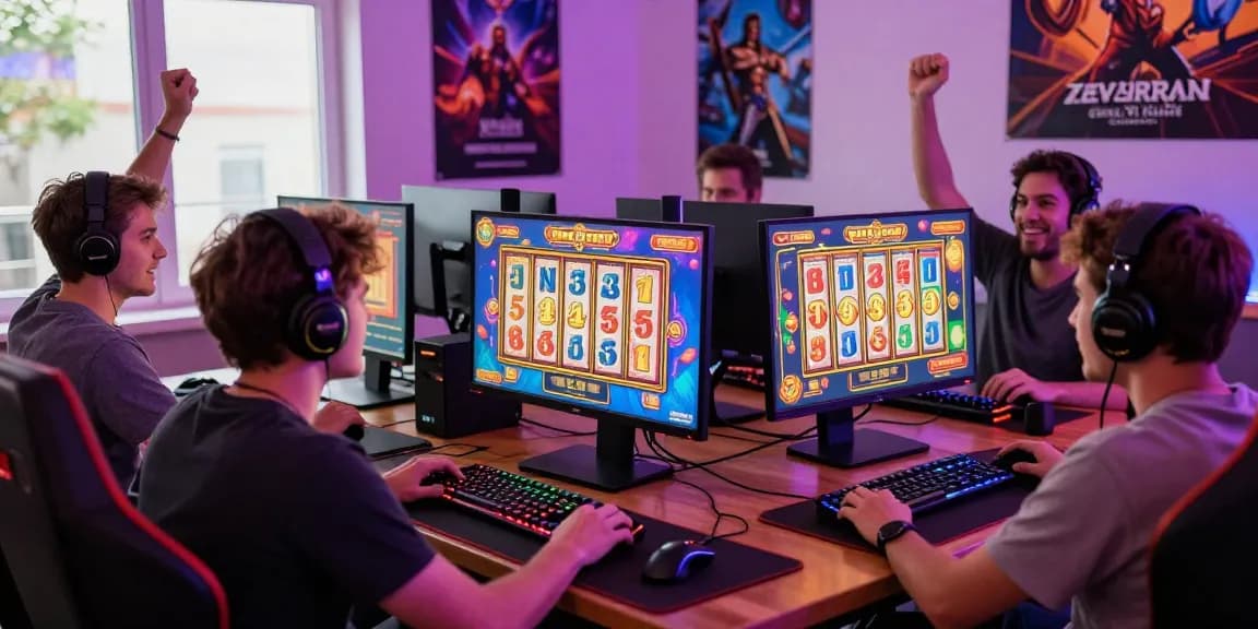 Engaged player enjoying situs slot gacor on a colorful gaming monitor with cheerful atmosphere.
