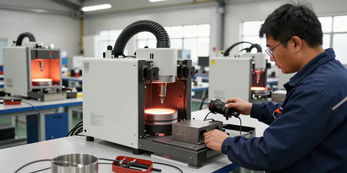 Technician using an induction heater for precise metal heating in a clean industrial workshop.