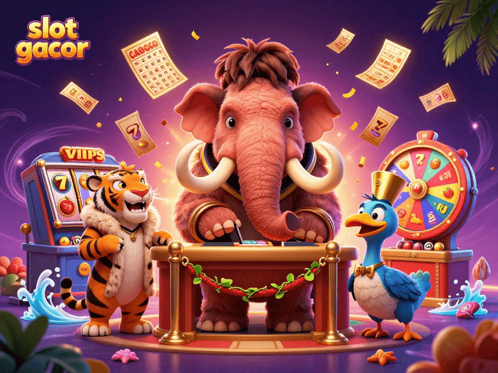Mainkan slot gacor dengan bouncer mamut dan tamu VIP di ilustrasi kasino yang megah.