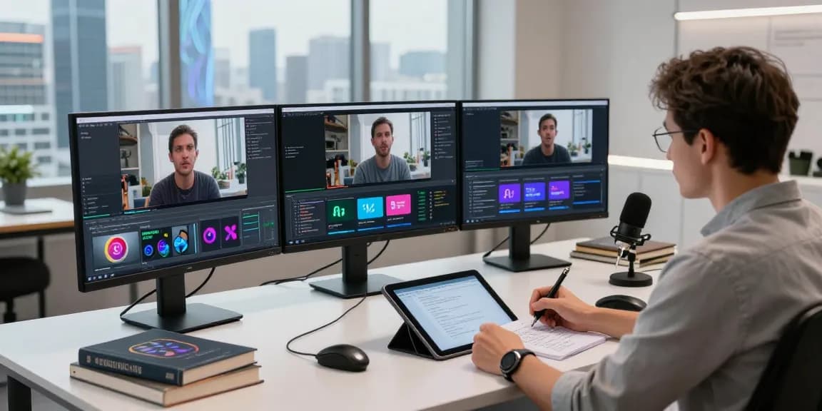 video to prompt generation analysis in a tech workspace with multiple monitors and a dynamic city skyline