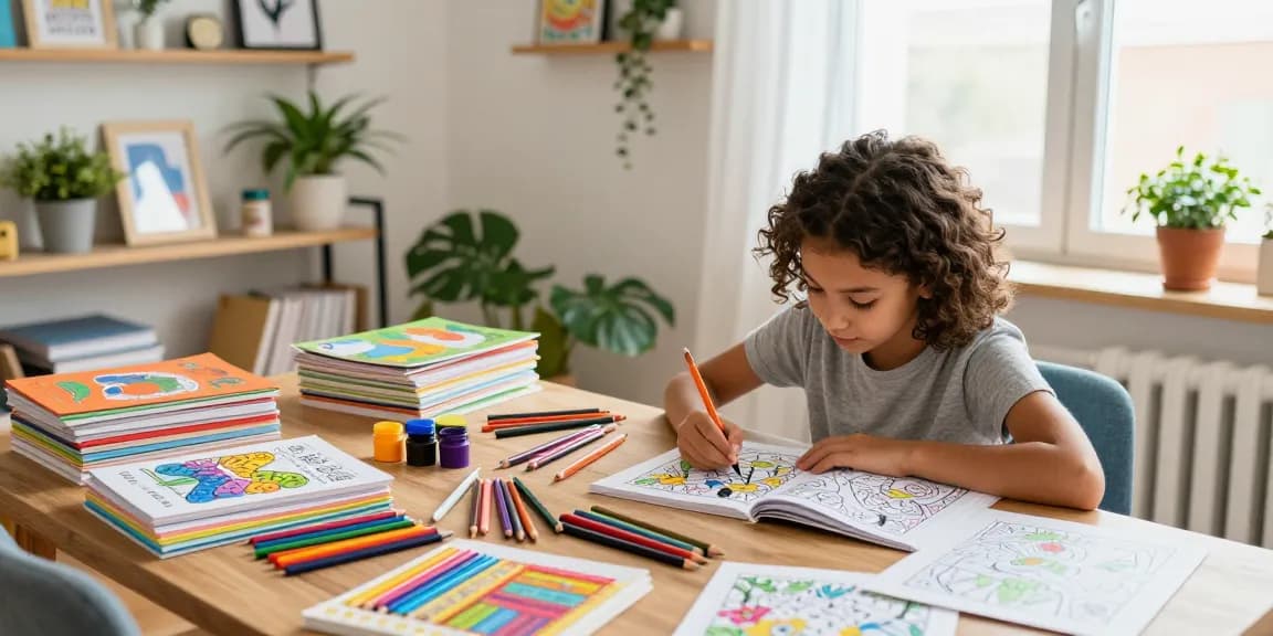 Artist engrossed in coloring books with vibrant pencils in a cozy art studio.