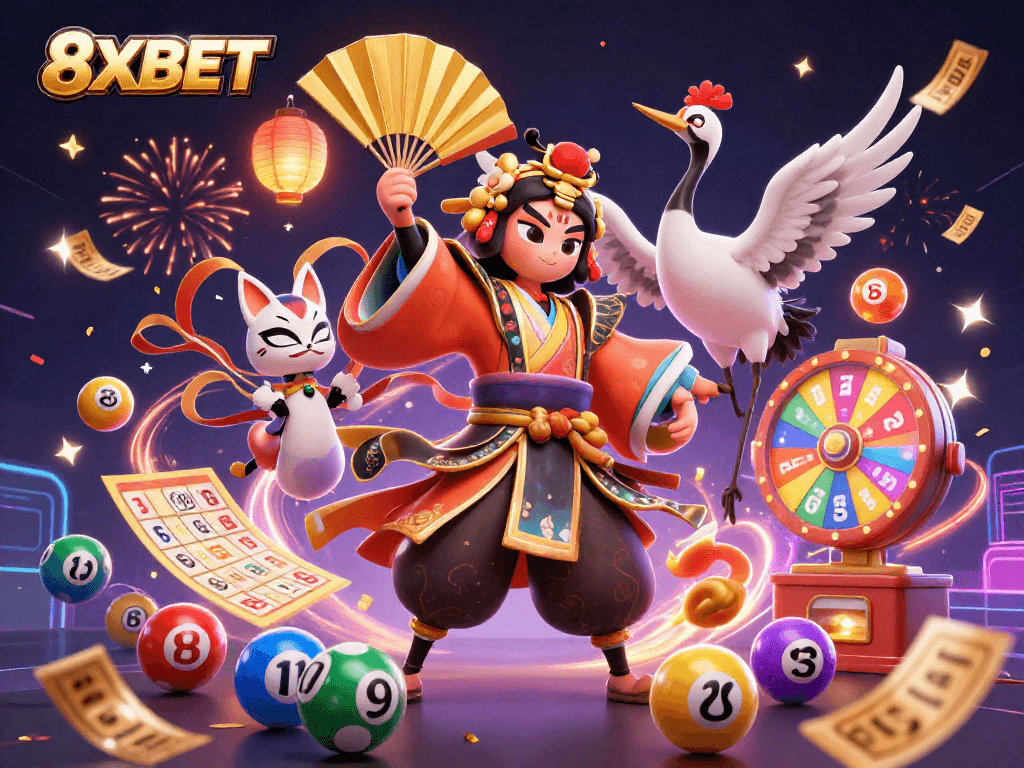 Spin colorful lottery balls and prizes in the dynamic 8XBET casino illustration.