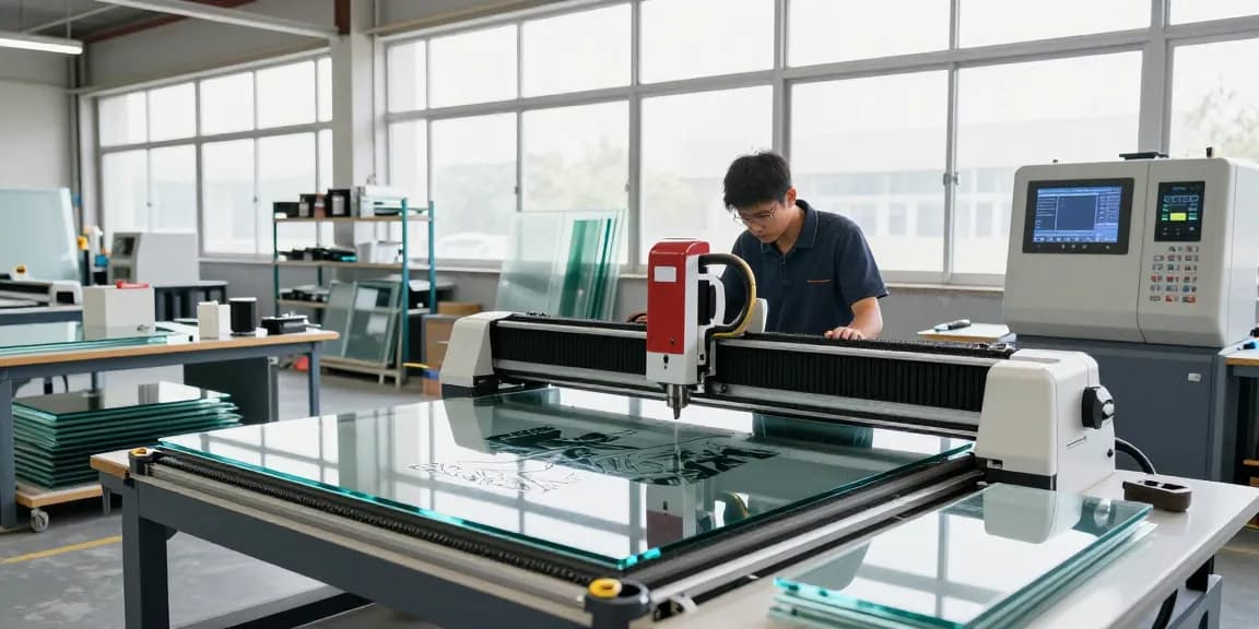 CNC glass cutting machine in operation, showcasing precision cutting at a modern glass processing workshop