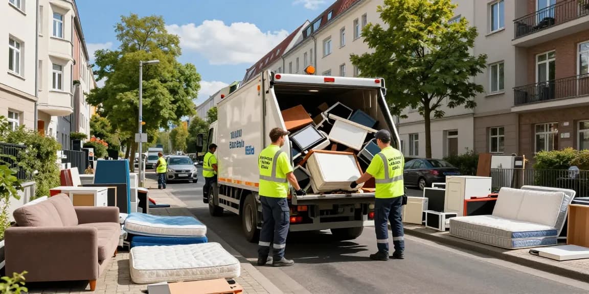 Sperrmüllabholung 80 Euro Berlin service in action as waste collection team swiftly removes bulky waste from residential area, ensuring quick cleanup.