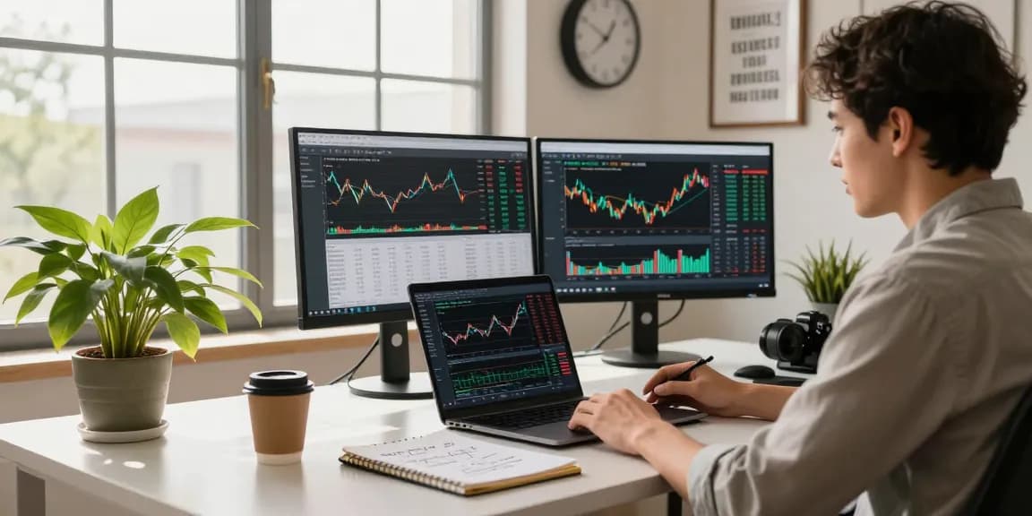 Home office investment scene featuring stocks analysis at https://5starsstocks.news/ with calming plants and charts.