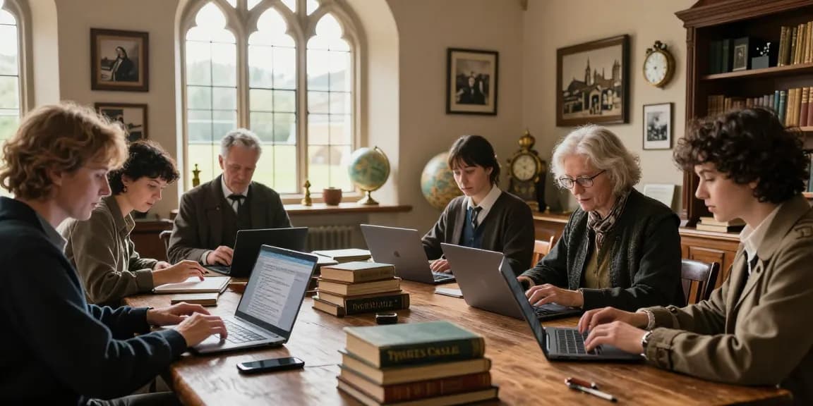 Readers exploring Tynte's Castle content about heritage and culture in a cozy study