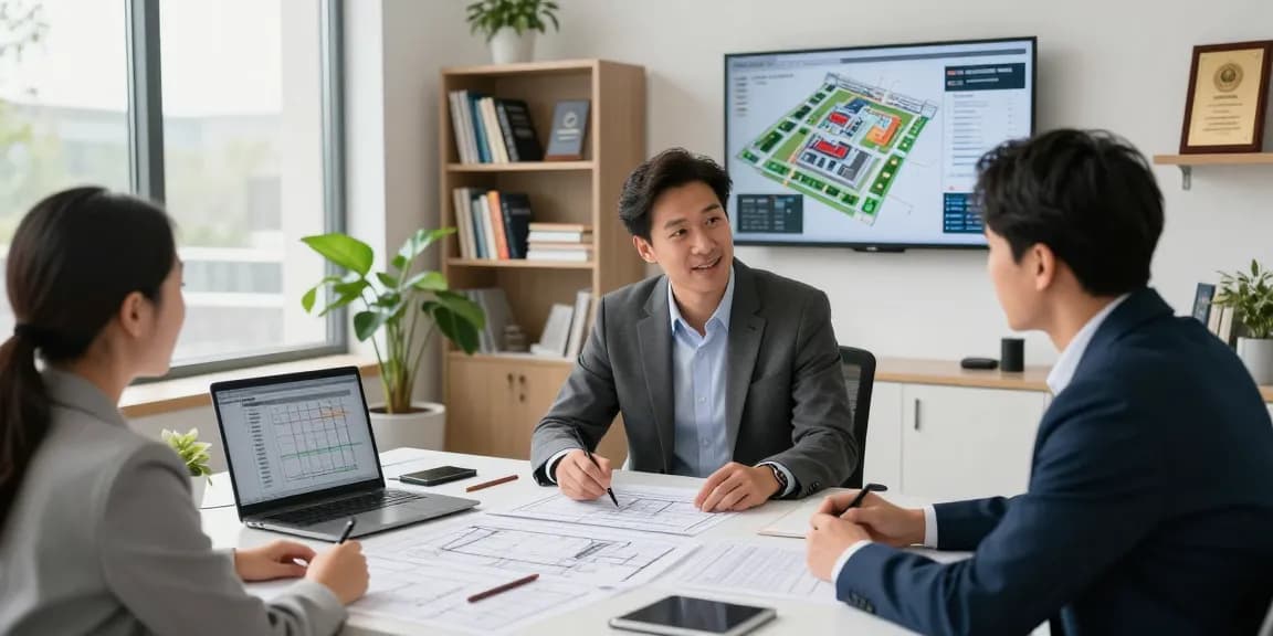 Professional engineer providing engineering services Missouri to a client, discussing plans and designs in an office setting.