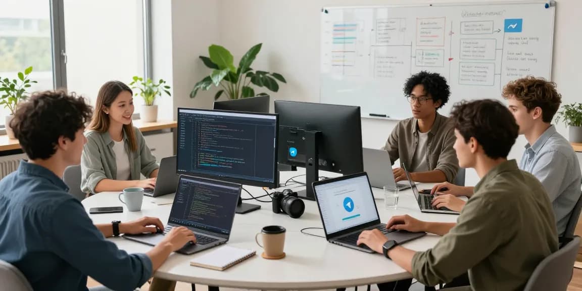 Collaborative software developers working on telegramin-cn.com solutions in a vibrant office.