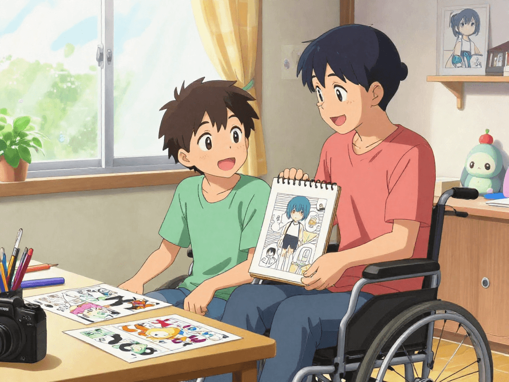 Engaging scene illustrating a caregiver and wheelchair-bound protagonist showcasing camaraderie while creating manga characters together, perfect for Hitomi Manga Reader.