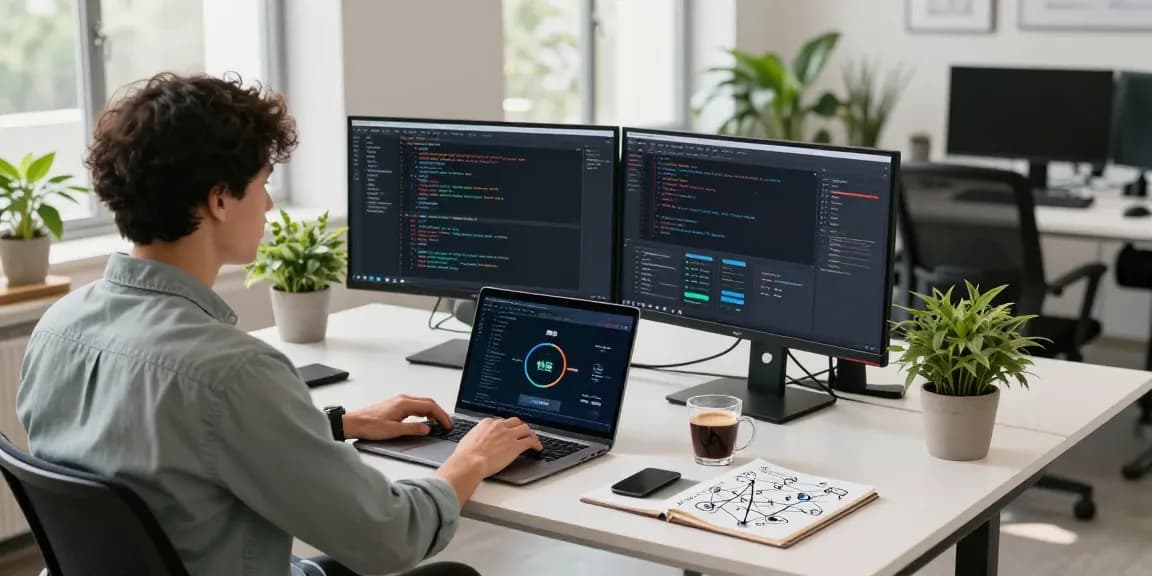 Developer showcasing 快连 software performance in a modern workspace.