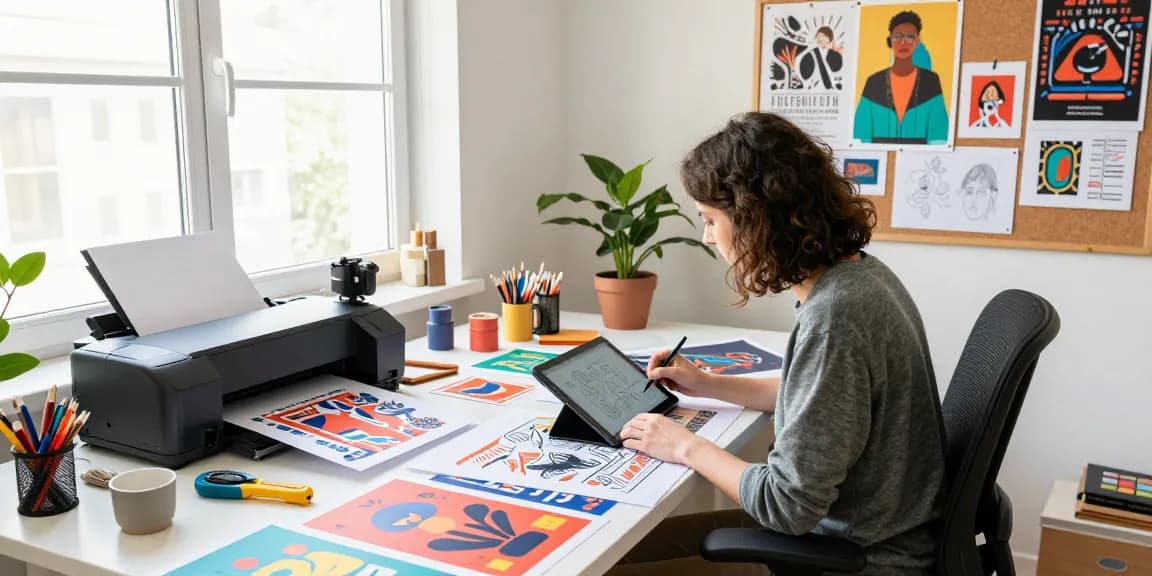 Professional designer creating custom poster printing designs in a vibrant workspace.