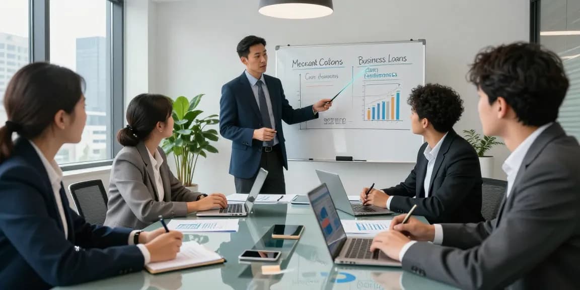 Discussing merchant cash advance vs business loan in a modern office meeting.