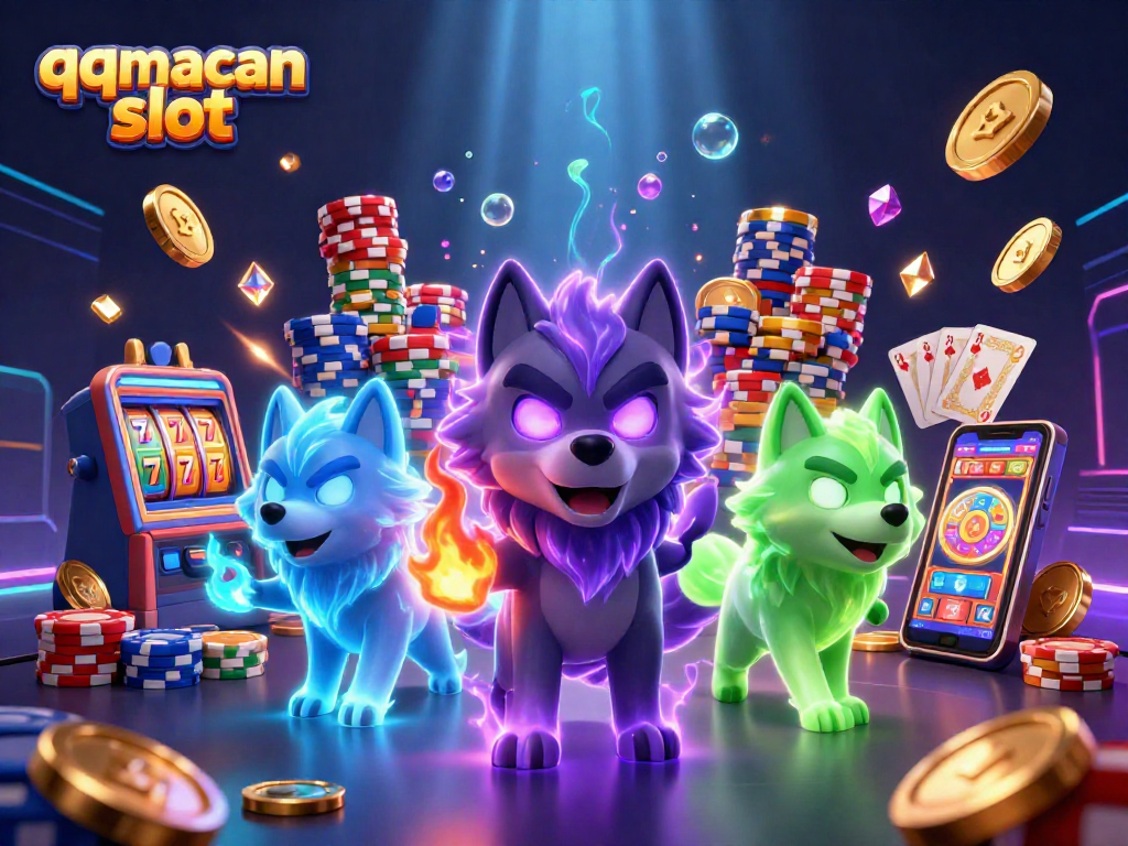 Experience the thrill of winning with qqmacan slot in this dynamic 3D casino scene featuring ghostly wolves and vibrant slots.