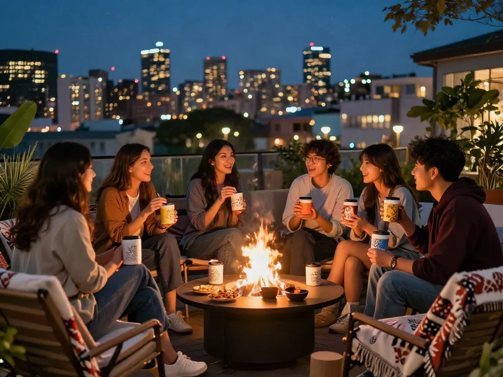 Friends enjoying a nighttime gathering discussing rokok88 products and local goods around a fire pit.