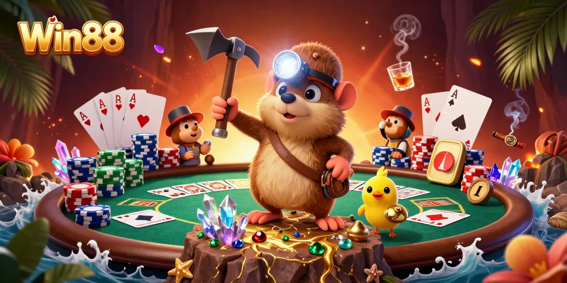 Win88 showcases a vibrant casino scene with a treasure hunter mole and poker elements.
