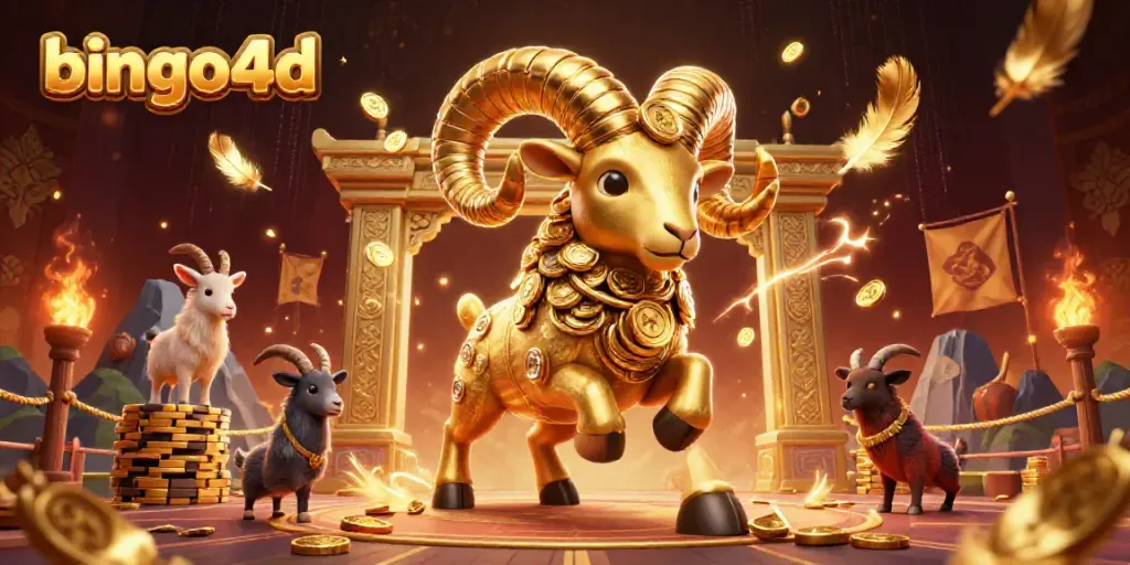 Memainkan bingo4d dengan domba emas dan tumpukan koin di arena taruhan yang megah.