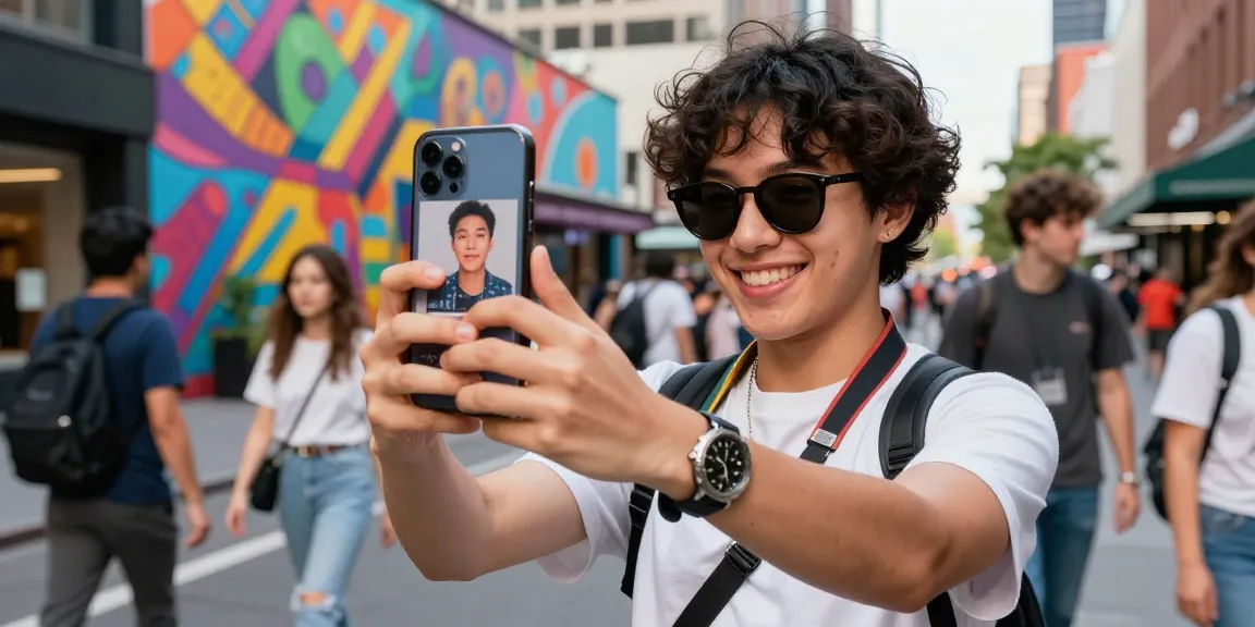 Person taking a selfie to find out who they look like celebrities using an app in an urban setting.