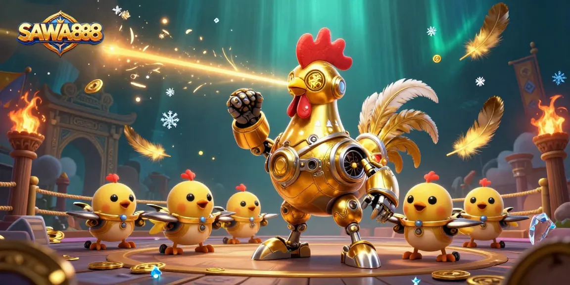 Engage with SAWA888's dynamic gameplay featuring a futuristic golden rooster robot and baby chick drones in a vibrant casino illustration.