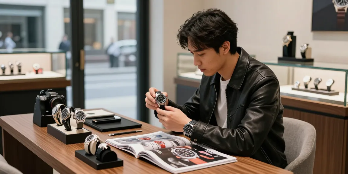 Showcase of clone watches in a luxury boutique with a watch enthusiast exploring options.