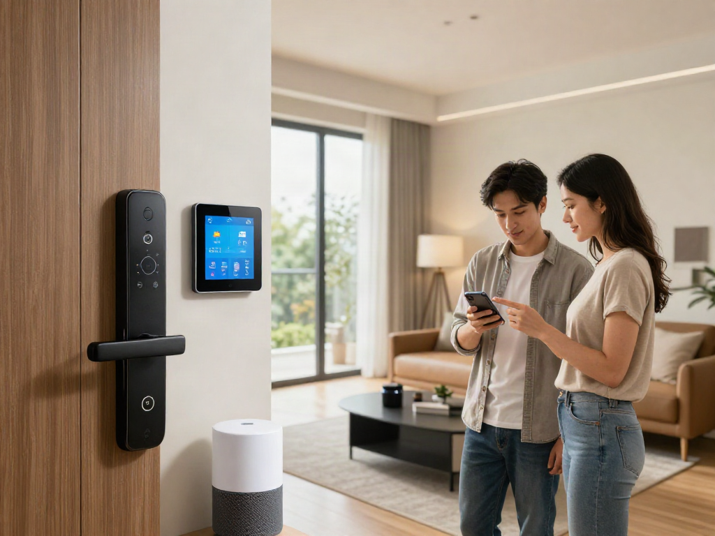 قفل هوشمند integrated into a modern living room, showcasing smart home technology and couple controlling security.