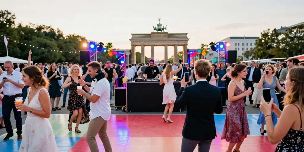 Hochzeit DJ Berlin Brandenburg - Stimmungsvoll tanzende Gäste auf einer Hochzeit, DJ am Mischpult mit bunten Lichtern.