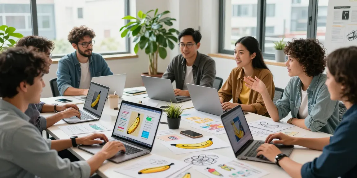 Team collaborating on creative projects with nano banana 2 displayed on screens in a vibrant workspace.
