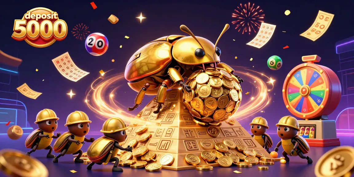 Engage with the excitement of deposit 5000 slots, featuring a vibrant scene of cartoon beetles and dynamic casino elements.