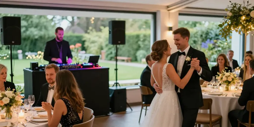 hochzeit DJ berlin brandenburg celebration at an elegant wedding venue with dancing couple and guests