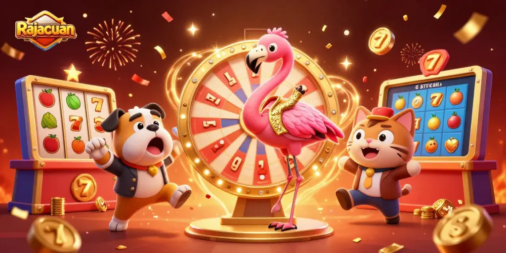 Spin to win at Rajacuan with colorful slot reels and festive casino elements in a vibrant 3D illustration.