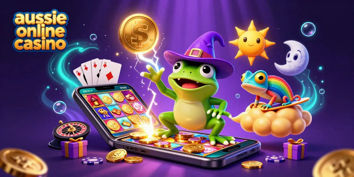 Aussie online casino scene with wizard frog and chameleon amidst gold coins and gaming elements.