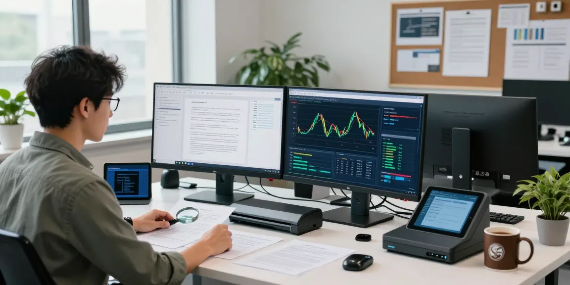 Data scientist analyzing document fraud detection software while reviewing legal documents in a modern workspace.