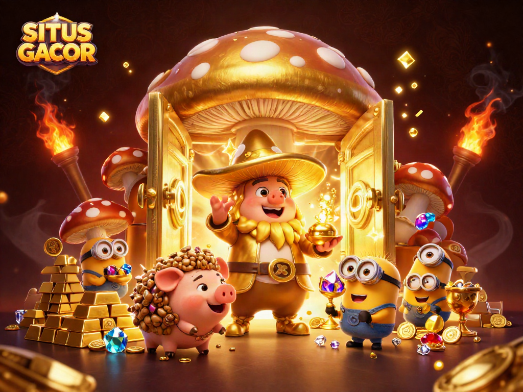 SITUS GACOR reveals golden treasures in a vibrant, dynamic casino-themed 3D illustration.