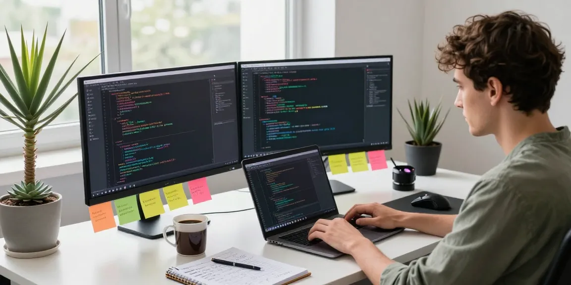 Developer focused on coding 纸飞机中文版 in a modern workspace full of tech elements and productivity tools.