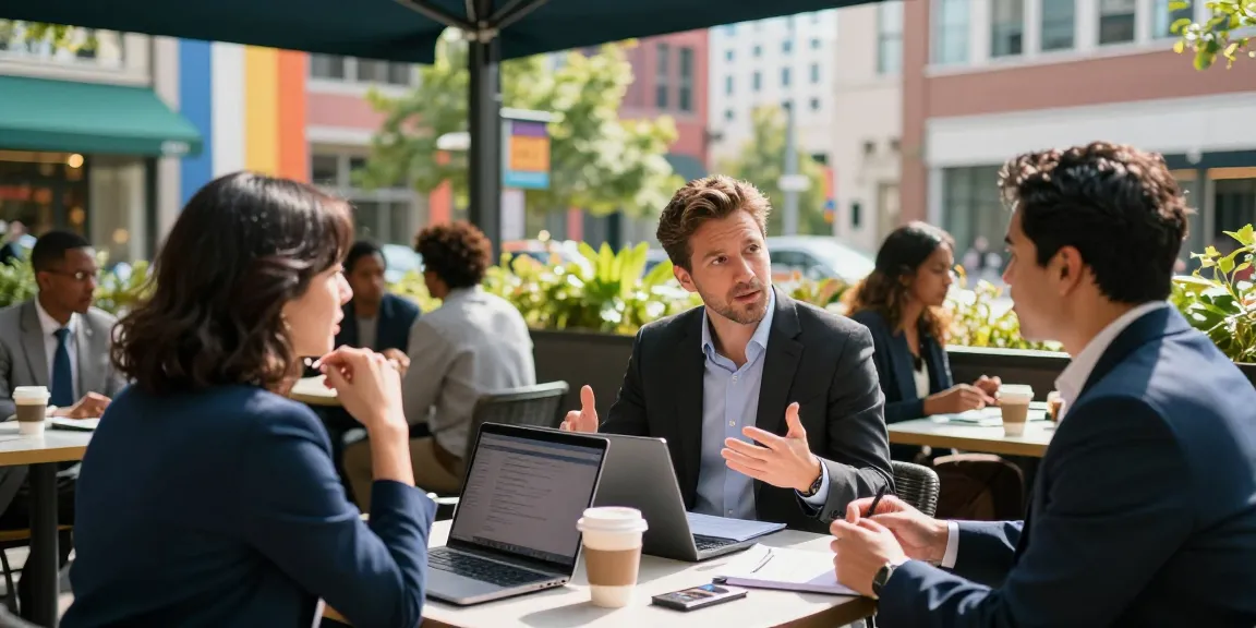 David Vepraskas engaging with professionals in Atlanta's vibrant outdoor café scene, showcasing networking and collaboration.
