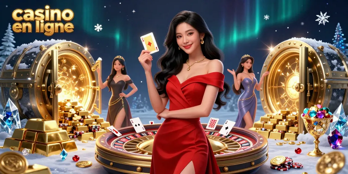 Scène excitante de casino en ligne avec une belle femme tenant une carte à jouer en or, entourée de pierres précieuses et d'une roue de roulette.
