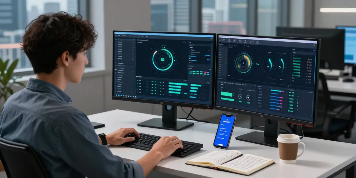 快连 software in a modern tech workspace improving network performance with dual monitors and city skyline view.