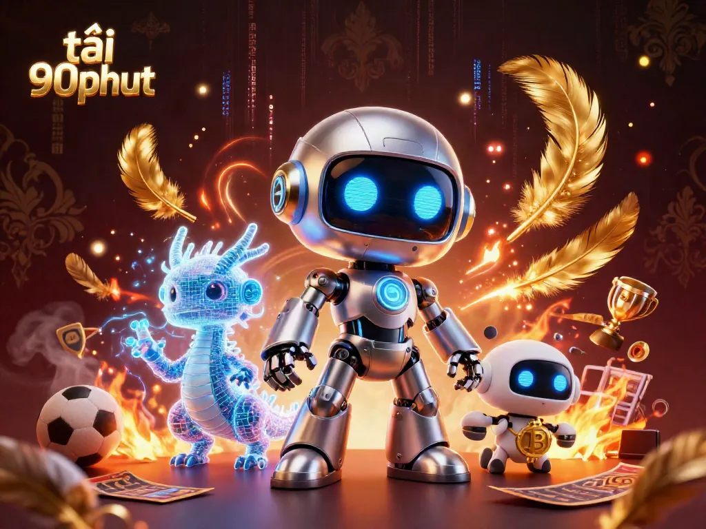 Tải 90phut to watch live football with a futuristic robot mascot and dynamic gaming elements in a rich atmosphere.