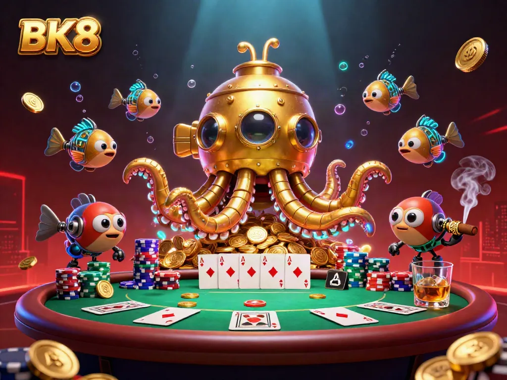 Experience BK8's thrilling casino adventure as golden kraken submarine emerges amidst golden coins and poker chips.