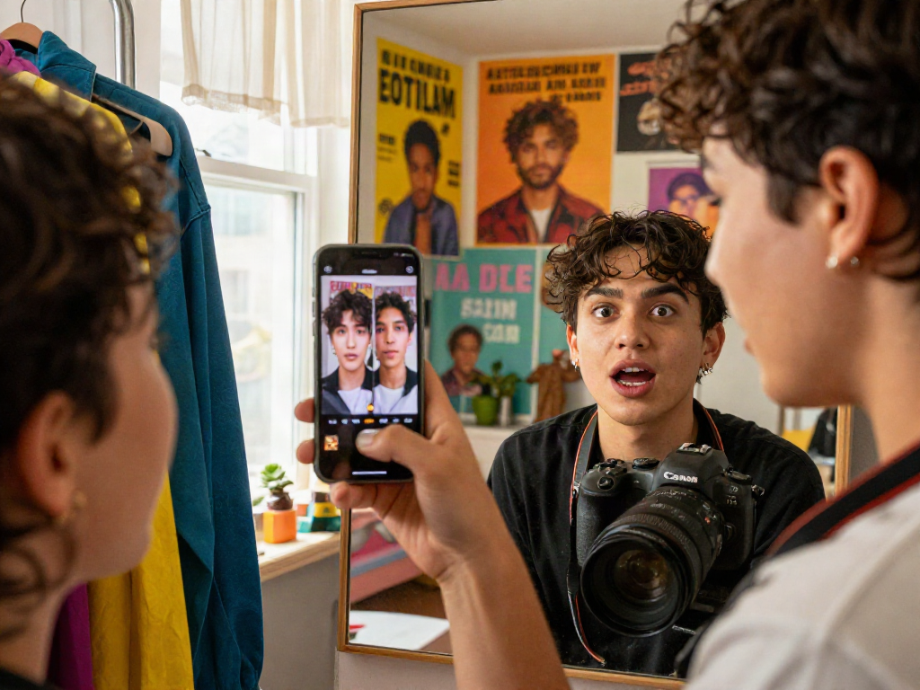 Excited person using a celebrity look alike app in a stylish room