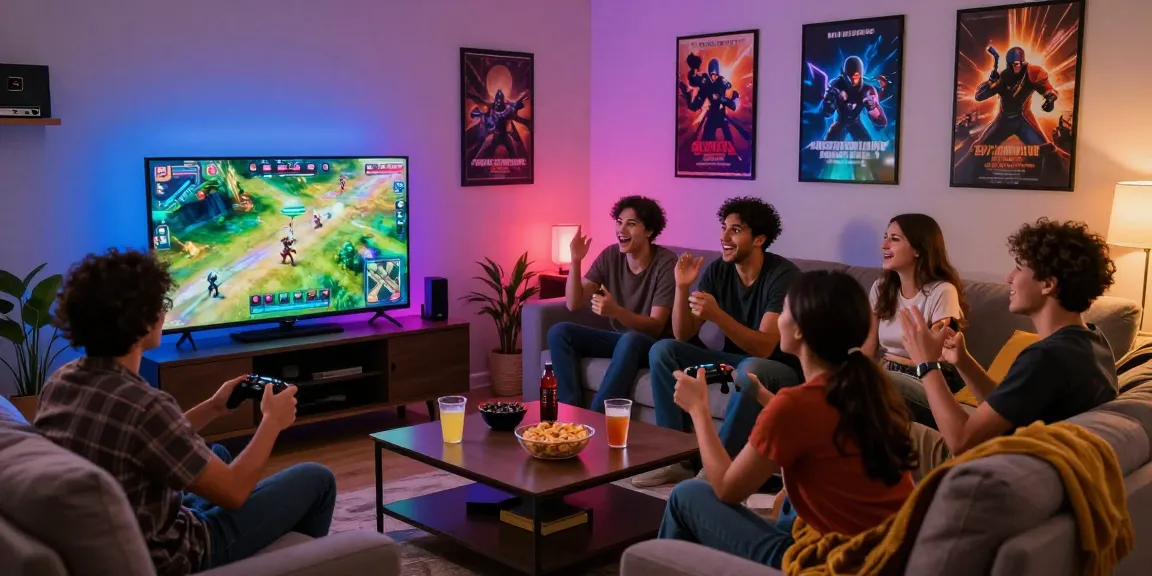Engaged friends playing 7meter game together in a lively living room.