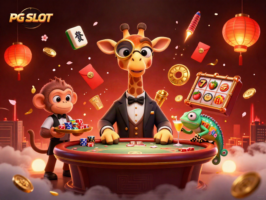 Spin to win with PG SLOT in a vibrant 3D casino scene featuring dynamic characters.