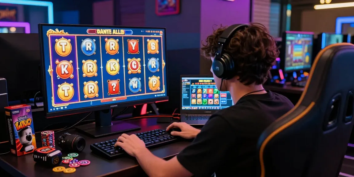 Player enjoying bandar slot games on a high-resolution monitor in a vibrant gaming setup.