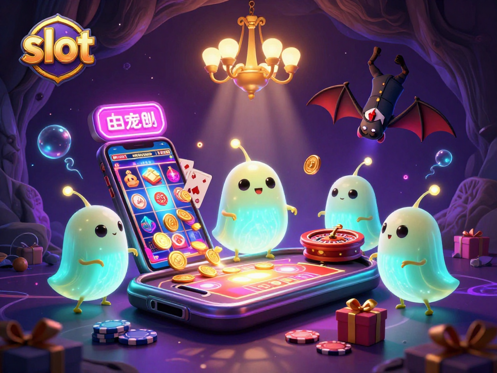 Engage with vibrant slot action as glowworms illuminate a dynamic casino scene filled with games.