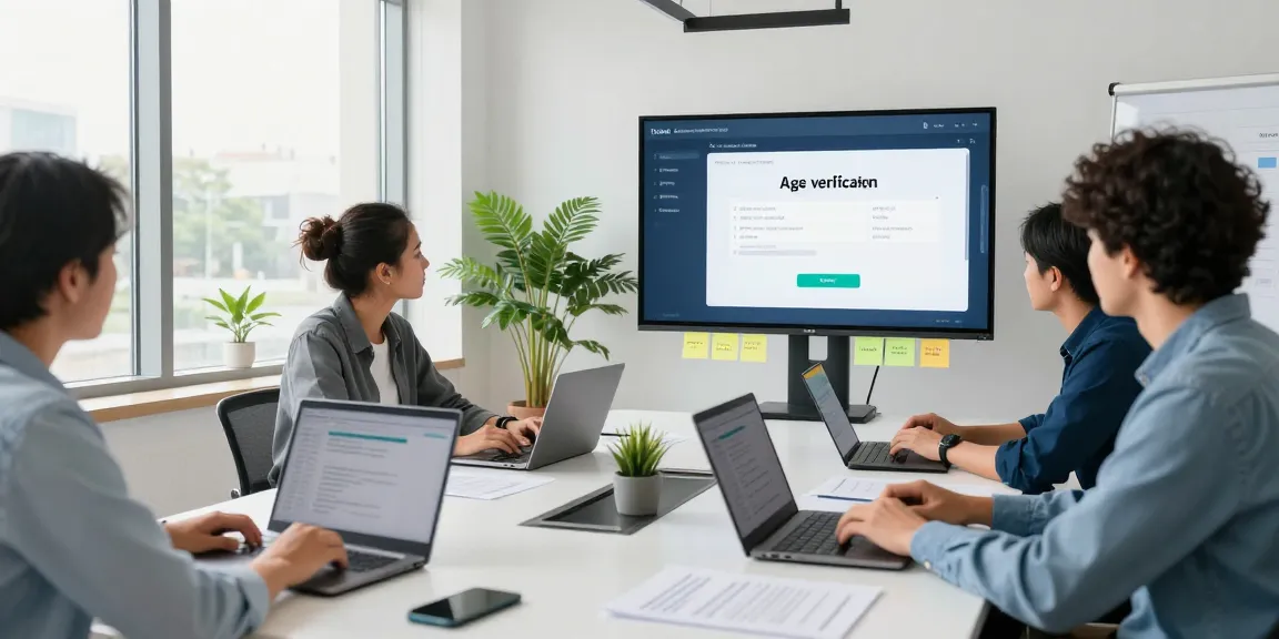 Team collaborating on an age verification system in a modern office setting.
