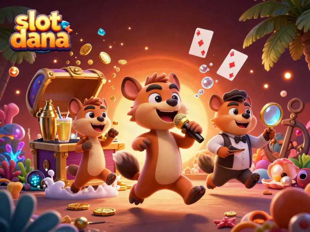 Bermain slot dana dengan suasana kasino yang ceria dan karakter unik di sekitar