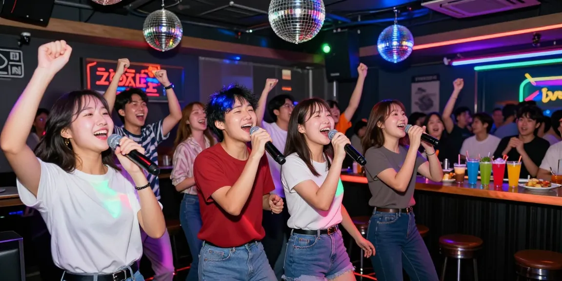 Experience vibrant 강남가라오케 nightlife with friends singing and dancing in a colorful karaoke venue.