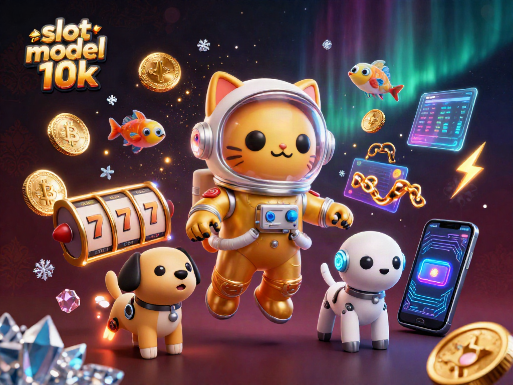 Engage with slot modal 10k in this vibrant 3D render showcasing a space cat and crypto elements.
